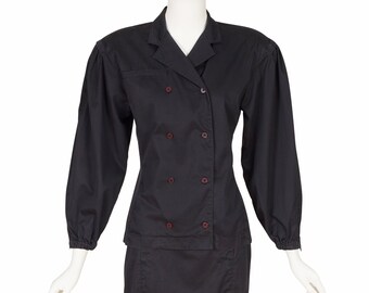 Claude Montana 1980s Vintage Black Cotton Double-Breasted Skirt Suit Sz XS
