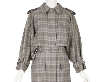 Georges Rech 1980s Vintage Plaid Gray Wool Trench Coatt Sz XL