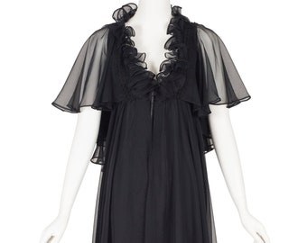 Jean Varon 1970s Vintage Black Chiffon Ruffle Evening Gown Sz XS