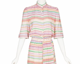 Lanvin 1970s Vintage Rainbow Striped Silk Pleated Shirt Dress Sz M L