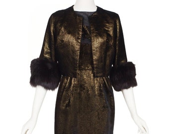 Irving Nadler 1960s Vintage Fox Fur Trim Gold Lurex Cocktail Dress Set Sz XS