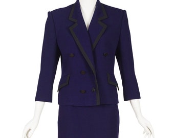 Céline 1980s Vintage Navy Blue Wool Double-Breasted Skirt Suit Sz S