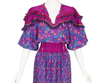 Diane Freis 1980s Vintage Floral Mixed Print Ruffle Collar Dress