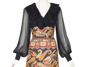 Mollie Parnis 1970s Vintage Black Chiffon & Quilted Paisley Gown Sz M