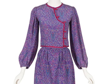 Emanuel Ungaro 1977 S/S Vintage Blue Paisley Silk Toggle Jacket & Skirt Set Sz S