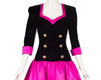 Vestido de cóctel Escada vintage de los años 90 con burbujas de terciopelo negro y satén de seda rosa intenso, talla S