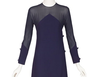 Roger Chastel 1970s Vintage Navy Silk Chiffon Ribbed Wool Evening Dress