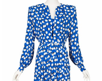 Givenchy 1980s Vintage Flower Bud Print Blue Crepe Pleated Dress