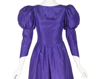 Gina Fratini 1980s Vintage Purple Silk Taffeta Juliet Sleeve Gown Sz XS