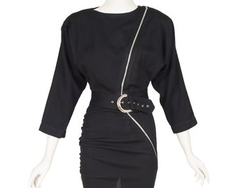 Les Terribles 1980s Vintage Black Wool Jersey Silver Metal Zip Dress Sz XS