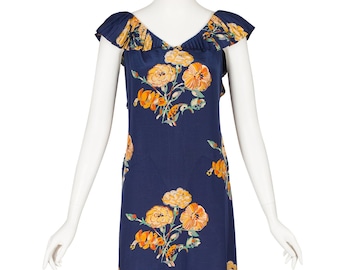 1930s Vintage Orange Floral Navy Blue Silk Pleated Trim Bias Cut Gown