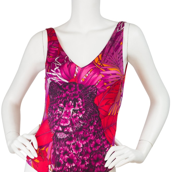 Salvatore Ferragamo 1980s Vintage Floral Cheetah One Piece Swimsuit Sz S M