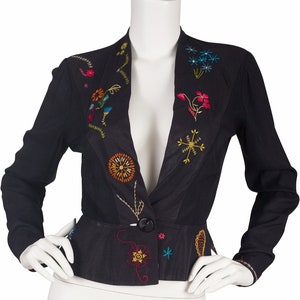 1930s Vintage Floral Hand-Embroidered Black Rayon Jacket Sz S