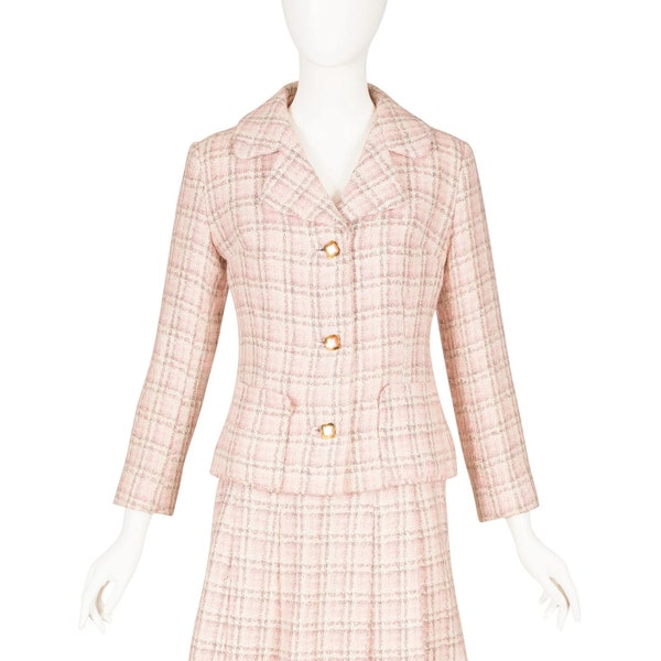Jean Cacharel 1960s Vintage Baby Pink Plaid Wool Pleated Skirt Suit Sz XS