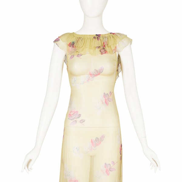 1930s Vintage Leaf Print Chartreuse Silk Chiffon Ruffle Collar Dress Sz XXS