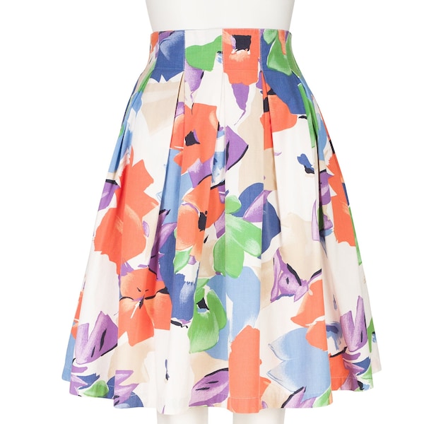 Georges Rech 1980s Vintage Floral Print Cotton Pleated Mini Skirt Sz XS