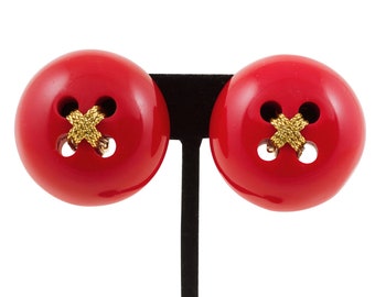 Les Bernard 1980s Vintage Red Button Clip-On Earrings