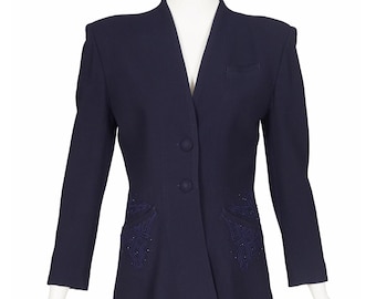 Emmanuelle Khanh 1980s-does-1940s Vintage Beaded Navy Wool Crepe Evening Jacket Sz XS