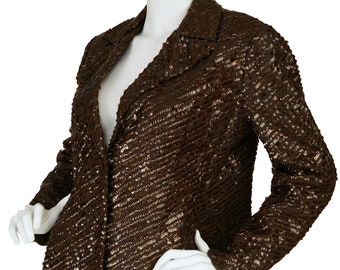 Malcolm Starr 1970s Elinor Simmons Vintage Women's Glam Brown Sequin & Crepe Jacket Sz M