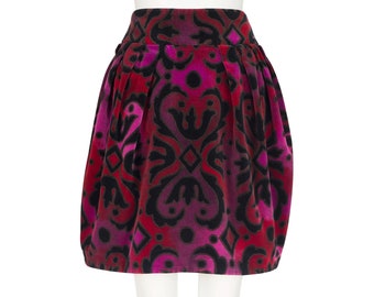 Byblos 1990s Vintage Baroque Print Cotton Velvet Bubble Mini Skirt Sz XS