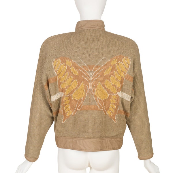 Callaghan by Gianni Versace 1983 S/S Vintage Butterfly Intarsia Beige Knit Bomber Jacket Sz XS S
