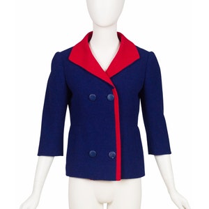 Jacques Esterel Giacca doppiopetto vintage in lana bouclé rossa e blu scuro degli anni &#39;60