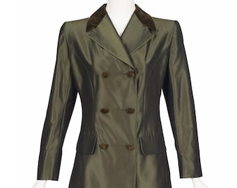 Valentino 1990s Vintage Green Silk Taffeta Velvet Trim Double-Breasted Blazer