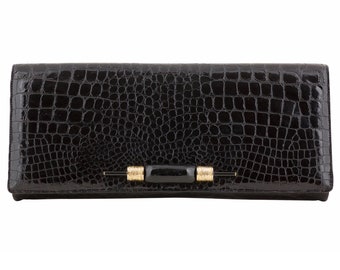 Rodo 1980s Vintage Black Faux Croc Embossed Leather Clutch