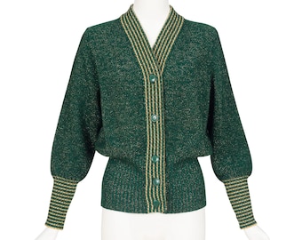 Yves Saint Laurent 1970s Vintage Gold Lurex & Green Wool Knit Cardigan Sz M