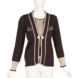 Jean Rychter pour Oré 1970s does 1930s Vintage Intarsia Brown Cardigan Sweater Set Sz Xs S image 1