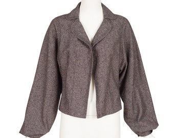 Nina Ricci Haute Couture 1990s Vintage Brown Silk & Wool Tweed Balloon Sleeve Jacket Sz S