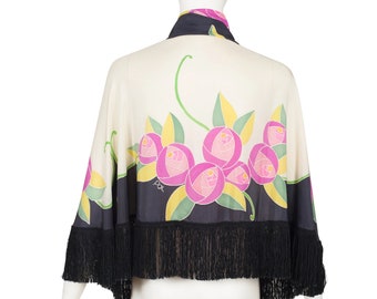 Chal de seda con flecos, pintado a mano, con flores vintage Art Déco