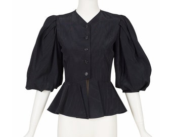 Jean Muir 1980s Vintage Schwarze Moiré Puffärmel Schößchen Jacke Gr. XS