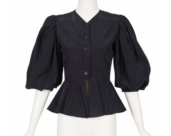 Jean Muir 1980s Vintage Black Moiré Puff Sleeve Peplum Jacket Sz XS