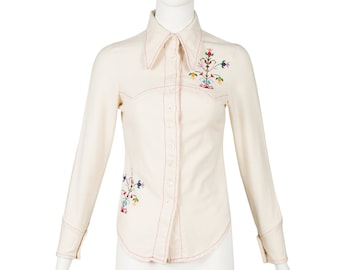 Maskit 1970s Vintage Embroidered Cream Cotton Button-Up Shirt Sz XS