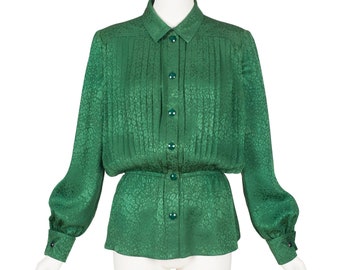 Valentino 1980s Vintage Green Silk Jacquard Pleated Collared Blouse Sz XS S M