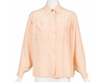 Christian Dior 1980s Vintage Peach Silk Button-Up Collared Blouse