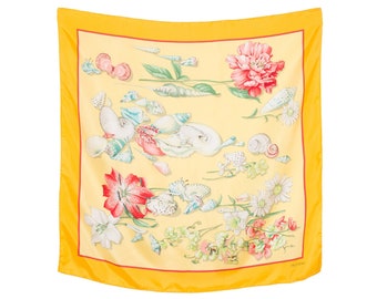 Valentino 1990s Vintage Seashell Floral Print Yellow Silk Signed Scarf