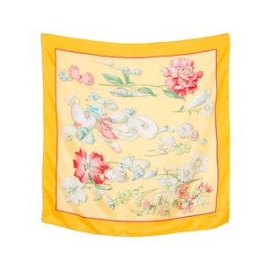 Valentino 1990s Vintage Seashell Floral Print Yellow Silk Signed Scarf