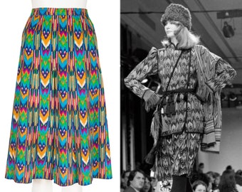 Yves Saint Laurent 1980 F/W Runway Vintage Ikat Print Wool Challis Pleated Skirt Sz S