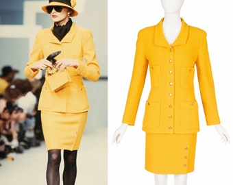 Chanel 1989 S/S Vintage Canary Yellow Wool Tweed Skirt Suit Sz XS
