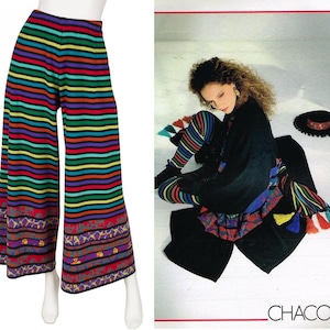 Pantalones anchos de lana de punto a rayas multicolores vintage Chacok 1989, talla S M