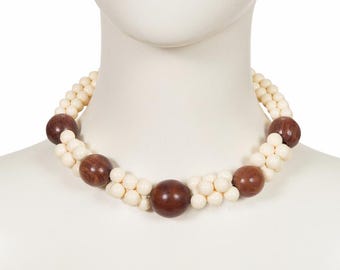 Yves Saint Laurent 1980s Vintage Wood & Cream Resin Beaded Choker Necklace