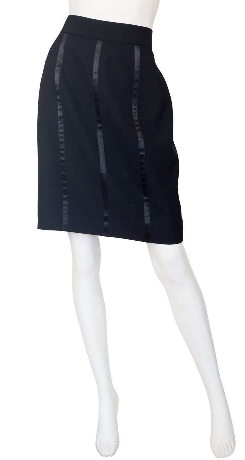 Guy Laroche Couture 1990s Vintage Black Satin Tuxedo Stripe Wool Pencil Skirt Sz M L image 2