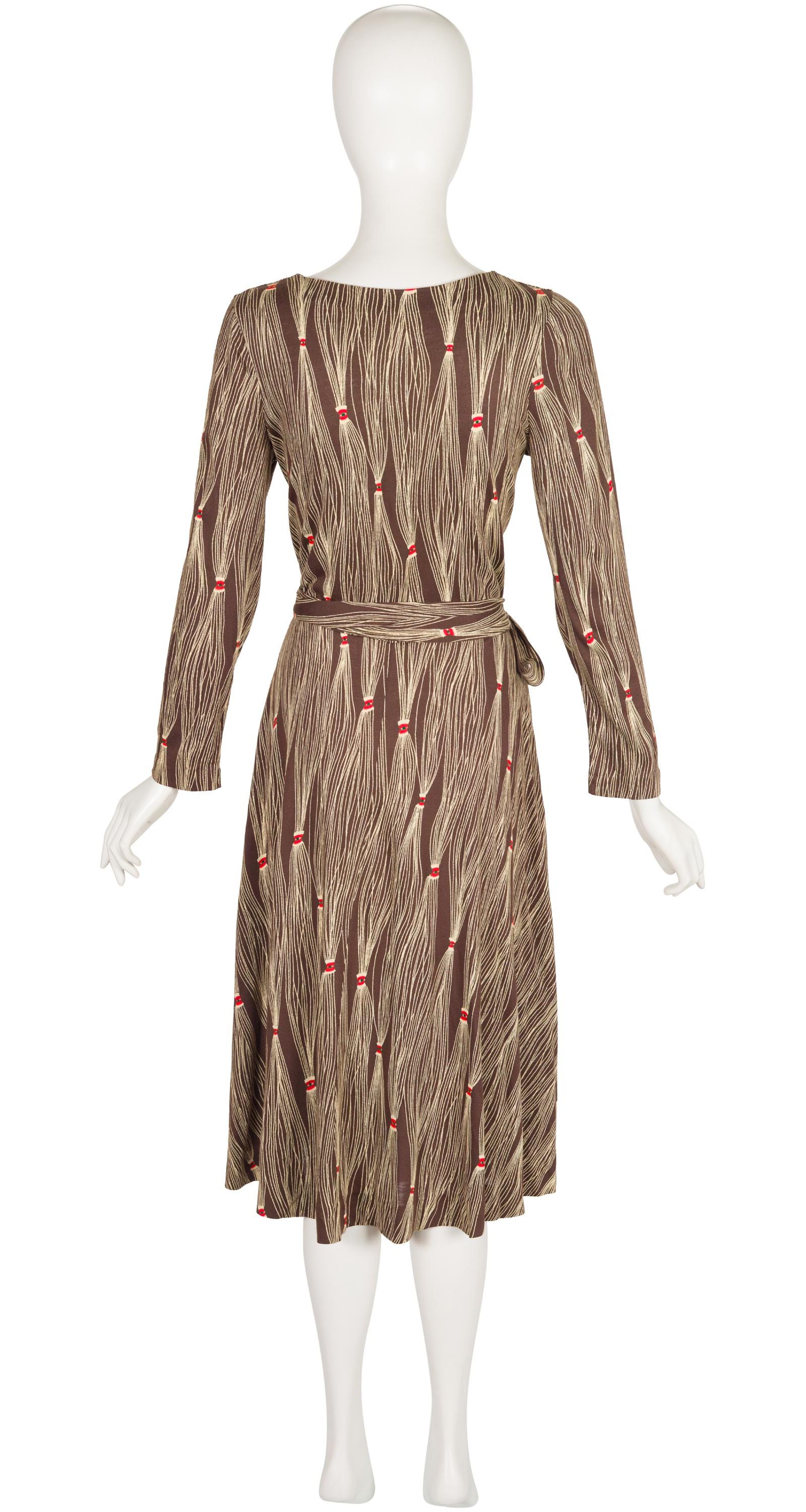 Diane Von Furstenberg 1976 F/W Tassel Print Brown Jersey Vintage