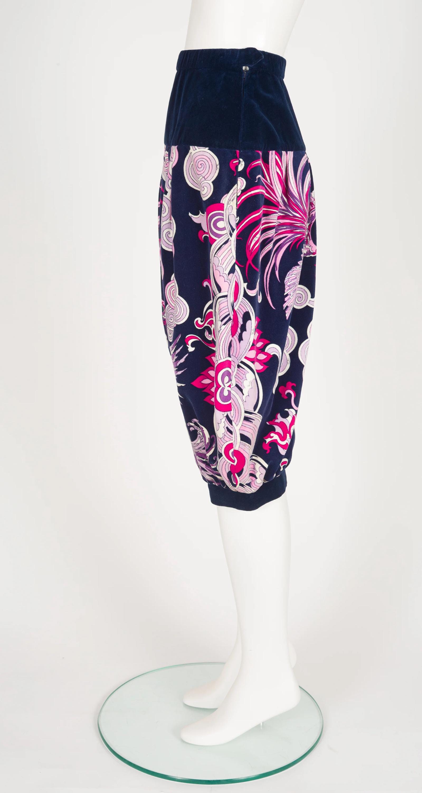 Emilio Pucci 1960s Vintage Phoenix Print Pink & Navy Cotton Velvet