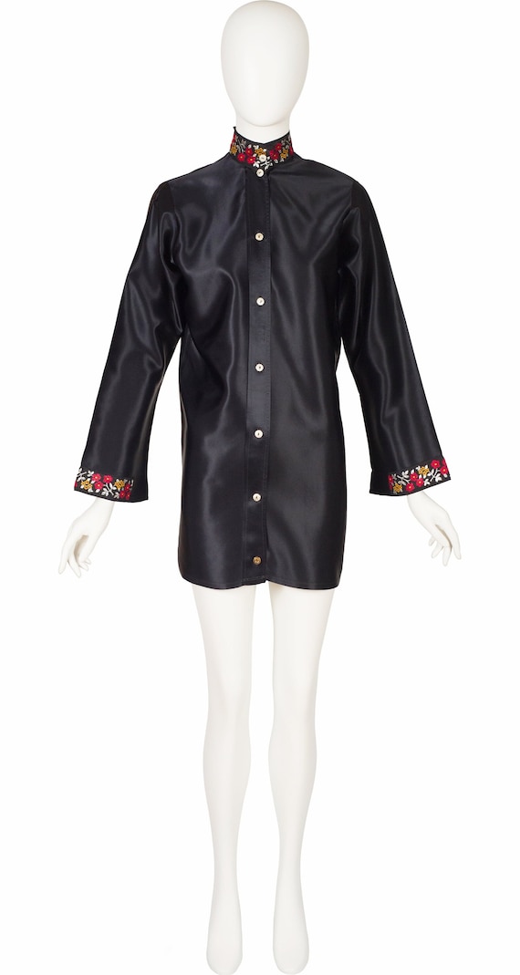 black satin tunic dress Satin Tie Shirt Dress Black