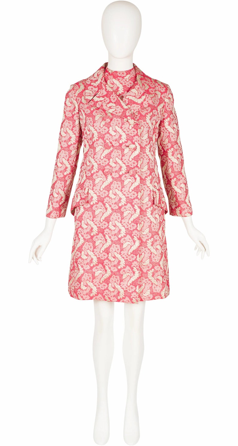 Gino Charles by Malcolm Starr 1960s Vintage Pink Brocade Evening Dress & Coat Set Sz XS image 1