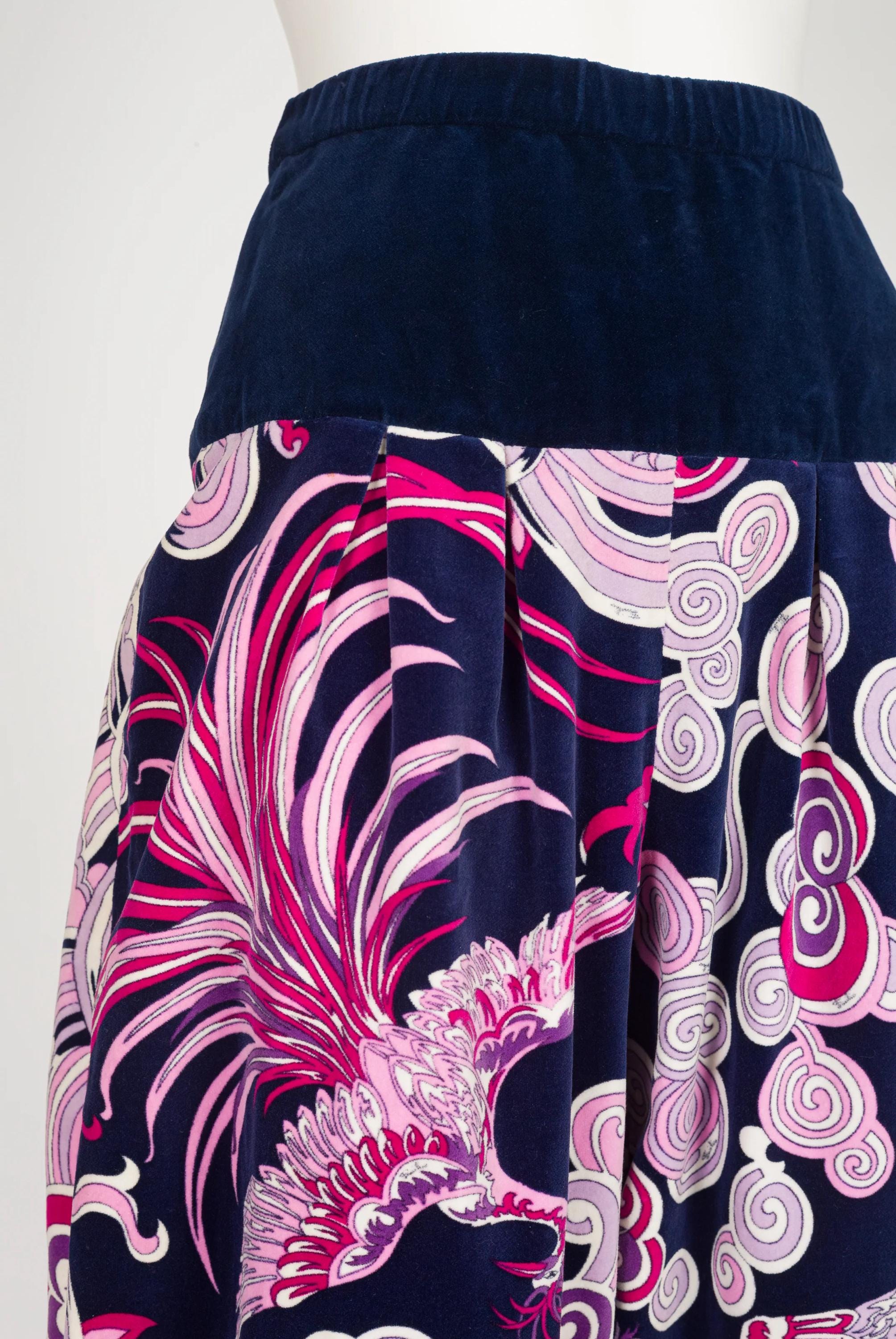 Emilio Pucci 1960s Vintage Phoenix Print Pink & Navy Cotton Velvet