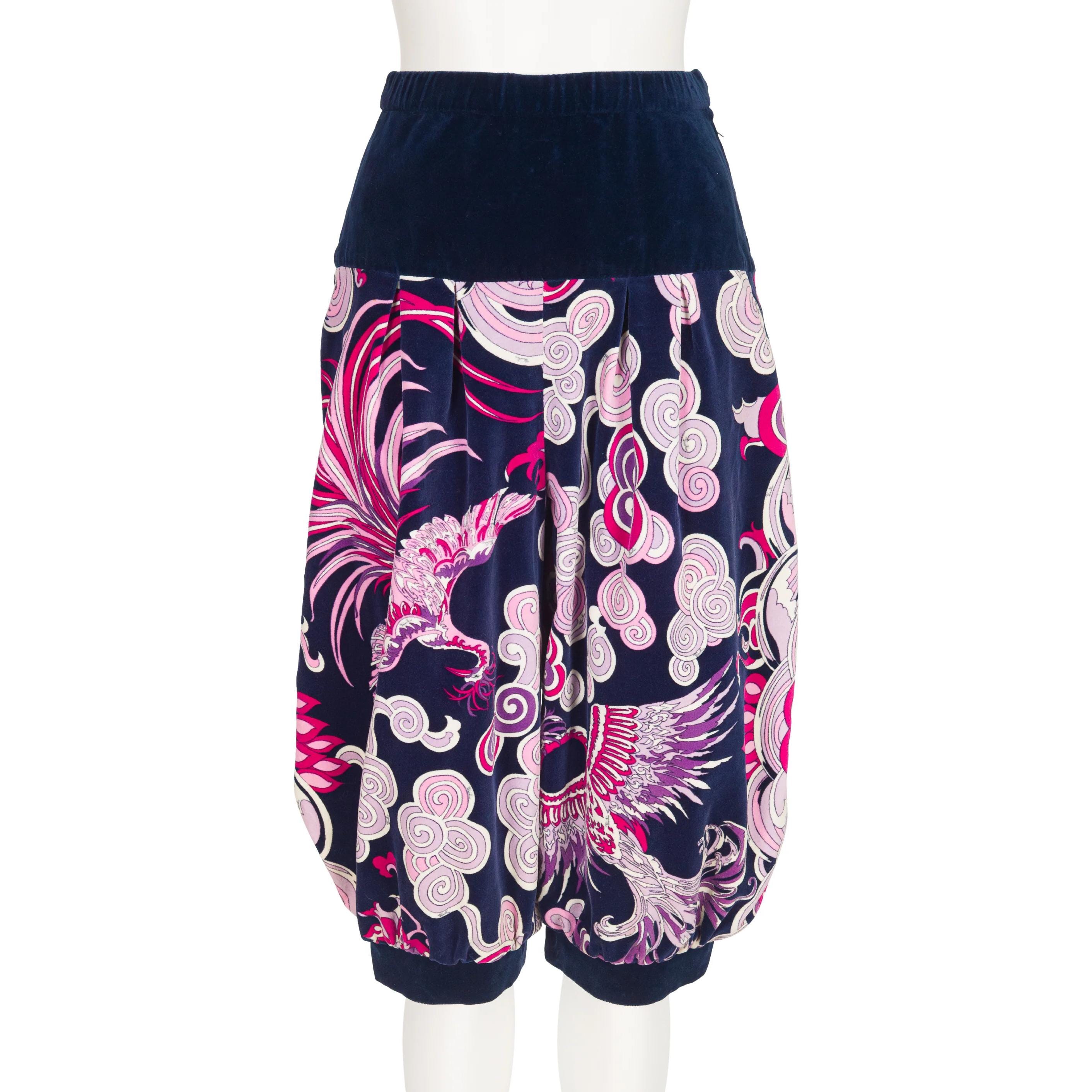 Emilio Pucci 1960s Vintage Phoenix Print Pink & Navy Cotton Velvet